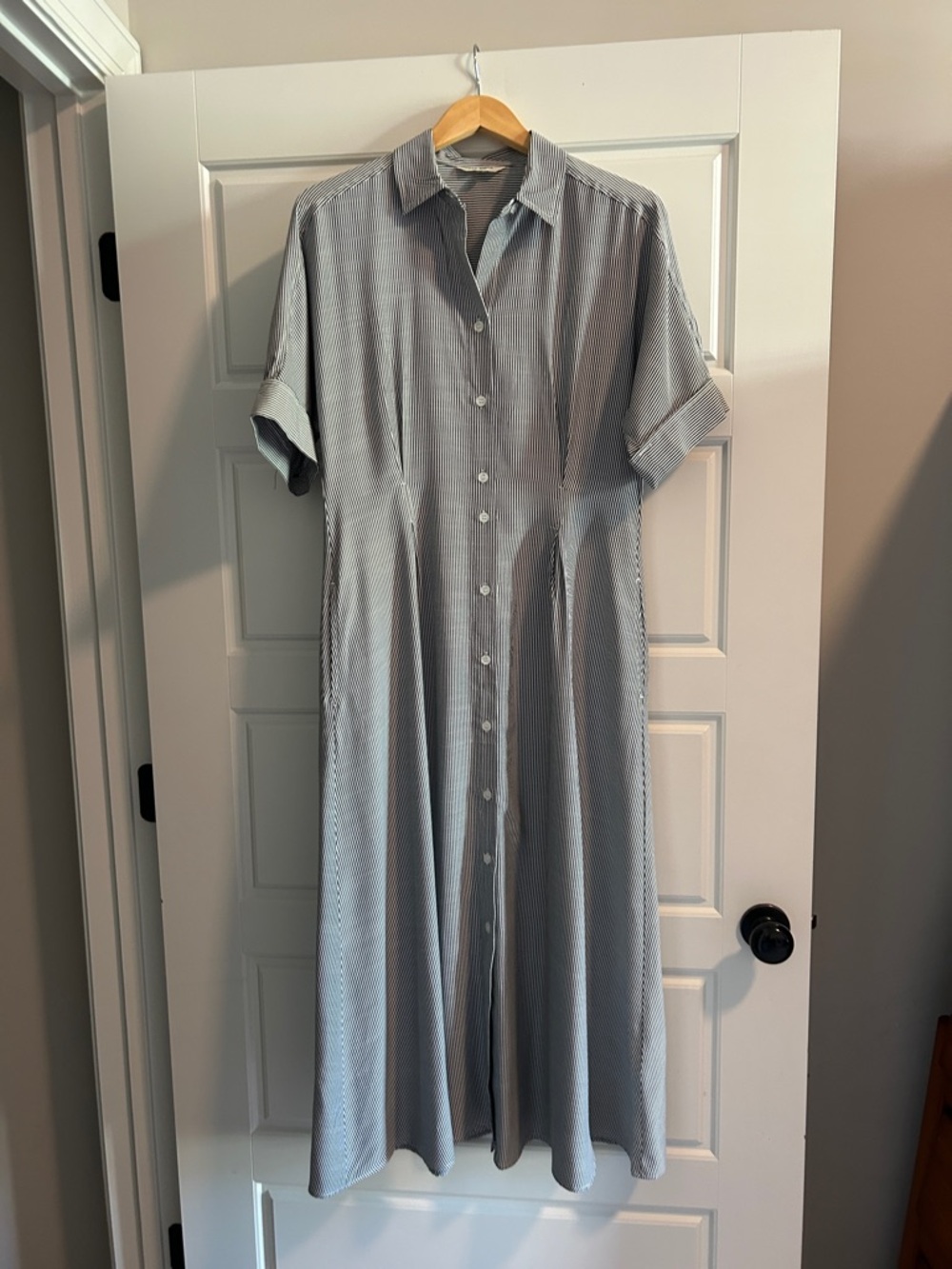 Max Studio Dark Gray Pinstripe Midi Shirt Dress with Collar